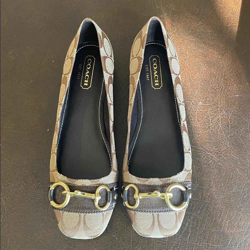 Coach Tan and Brown Flats with Gold Buckle